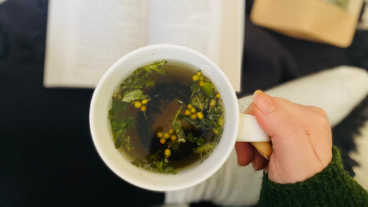 Une main tient une tasse d'infusion "L'elixir de jeunesse" de Nanour, en lisant un livre. Instant cocooning.